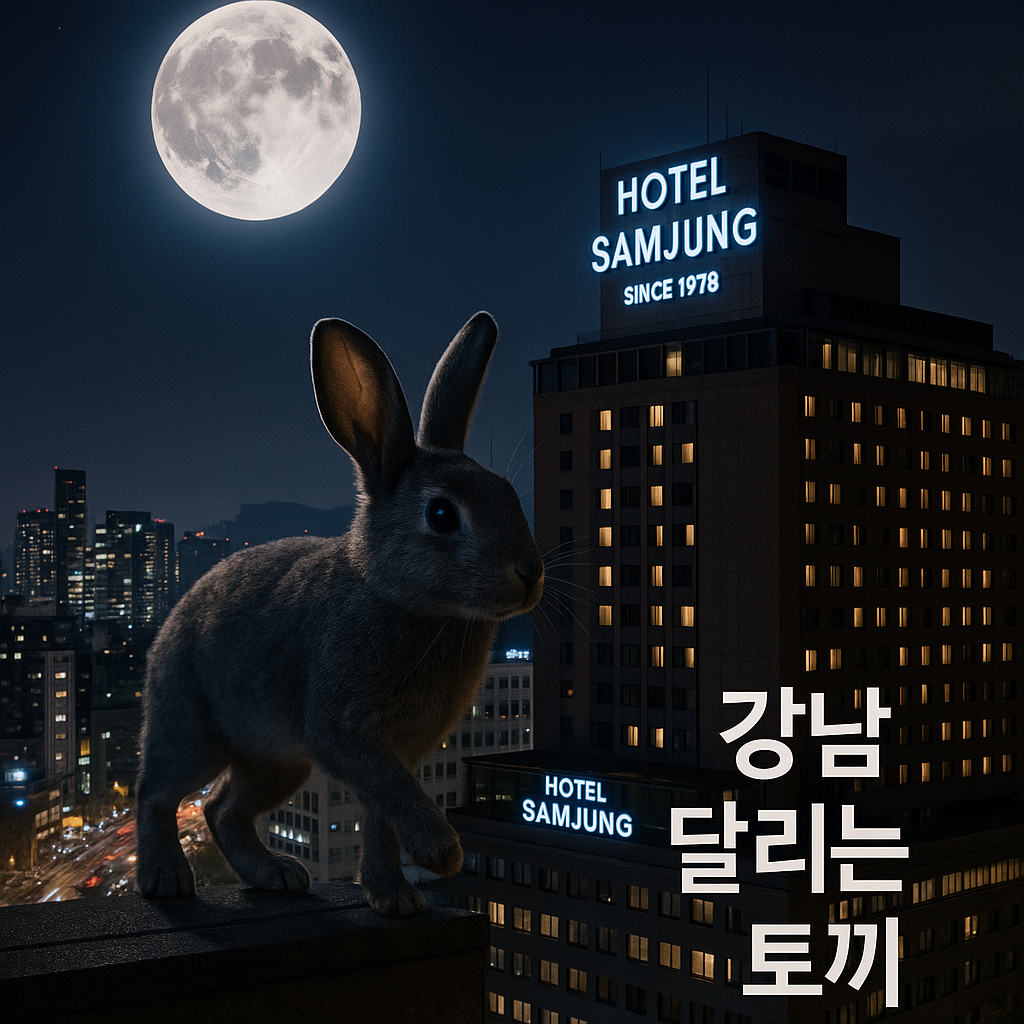 강남 달토를 상징하는 달빛 아래 토끼와 삼정호텔 야경 - 강남 유흥문화와 런닝래빗 가라오케의 브랜드 이미지 표현