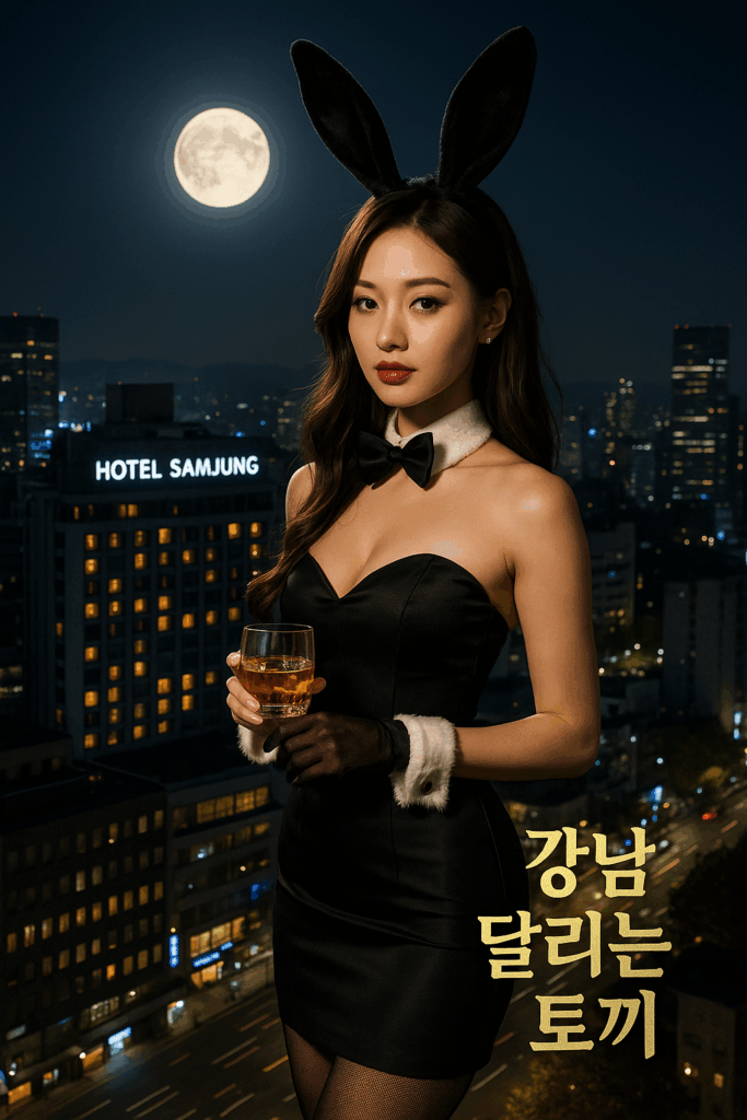 강남 달토 콘셉트 모델이 호텔 삼정 앞 야경을 배경으로 토끼 귀 복장을 하고 위스키를 든 모습 – 고급 유흥문화와 런닝래빗 가라오케의 감성 표현